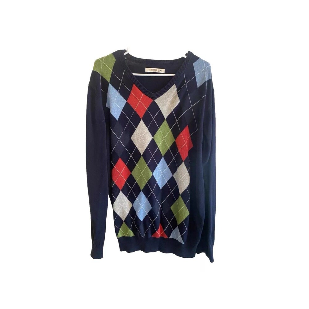 OLD NAVY Men’s Size XL Long Sleeve V-Neck argyle Pattern Grandpa Core Sweater